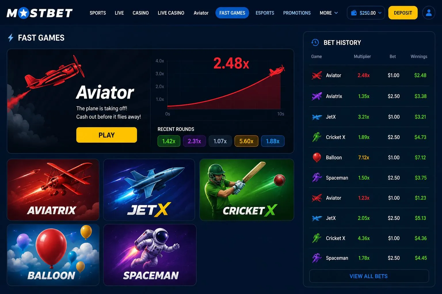 Mostbet casino — Aviator crash game and fast-games tab