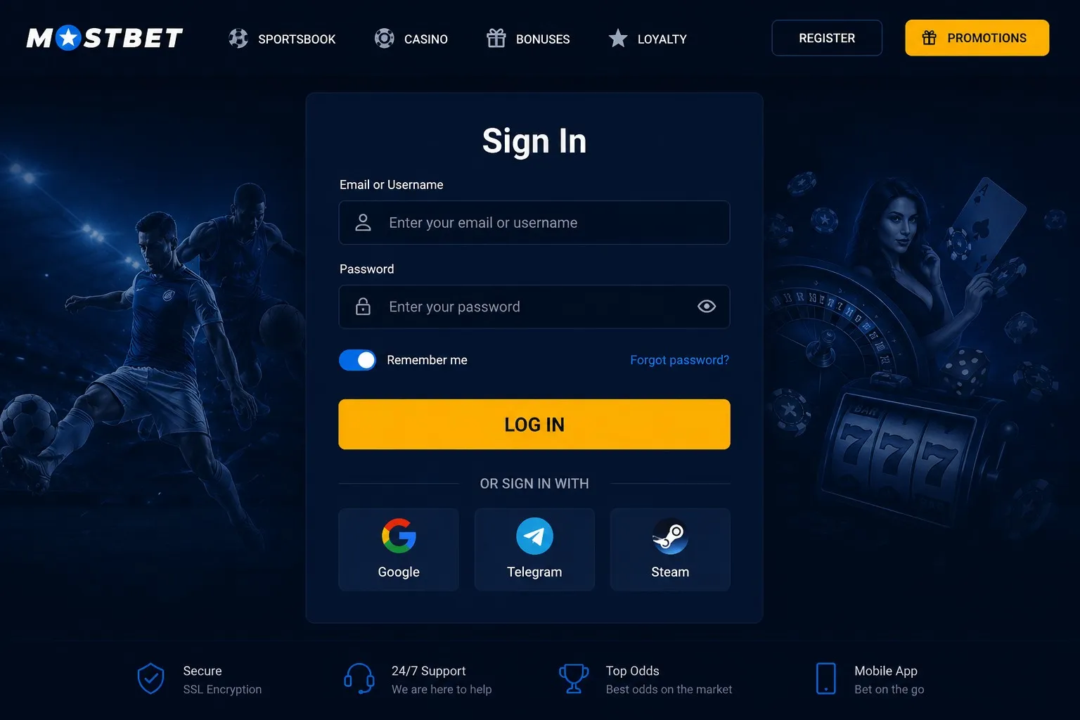 Mostbet login — sign-in form with email, phone and social options